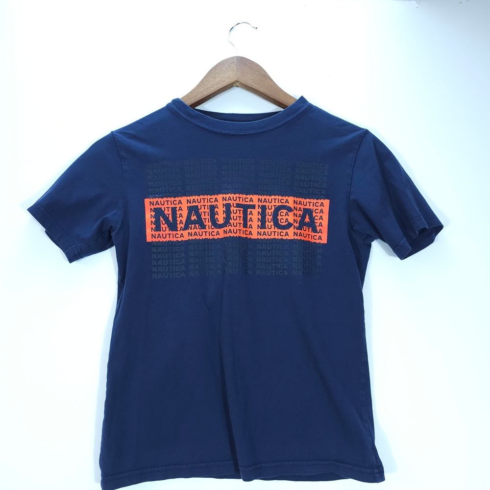 Streetwear Nautica T Shirt Boys M 10/12 Navy Blue Orange Block Logo Tee